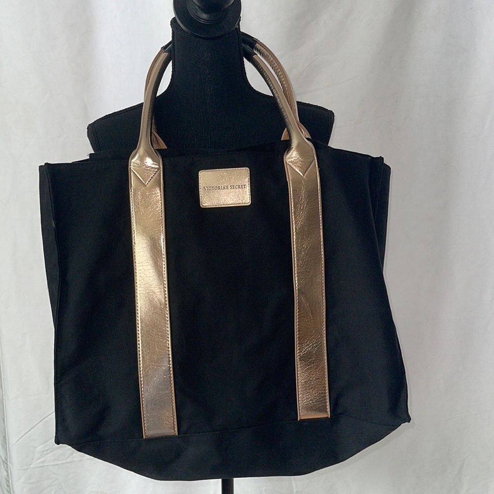 Victorias Secret Weekender Tote Black Rose Gold Large Bag Snap Zip Pocket Casual
